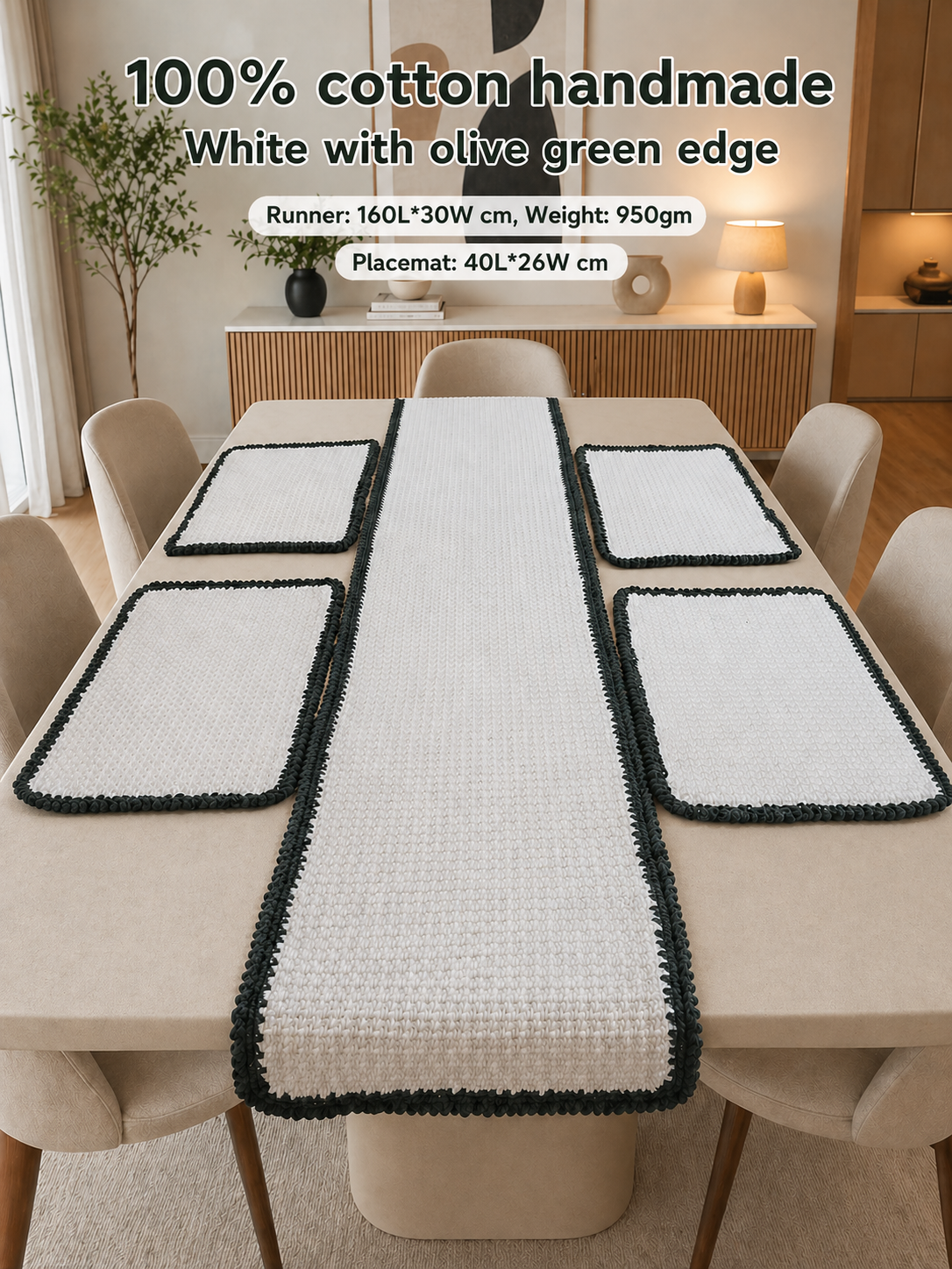 "Ovela Cedar Dining Set" White with charcoal green border-Table runner and 4 placemats set