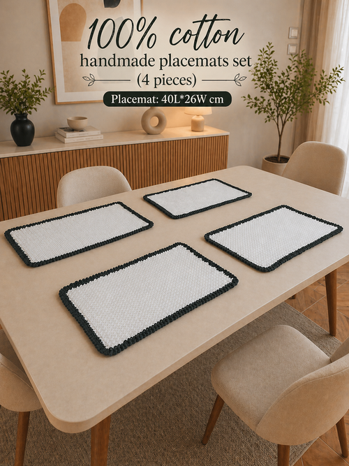 "Ovela Cedar Dining Set" White with charcoal green border-Table runner and 4 placemats set