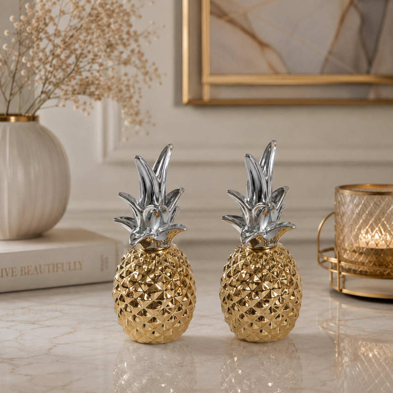 Ovela Tropy Pineapples(Silver with Gold) -  قطعتين أو 3 ديكور أناناس (فضي مع ذهبي) 