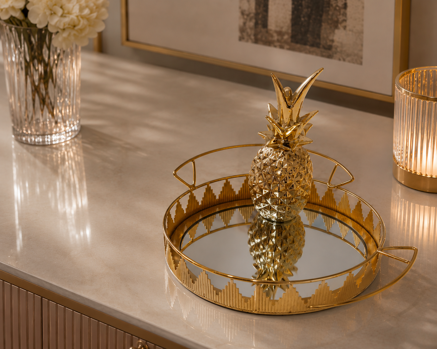 Amara Golden Mirror Tray with gold Pineapple (2 or 3 pieces)