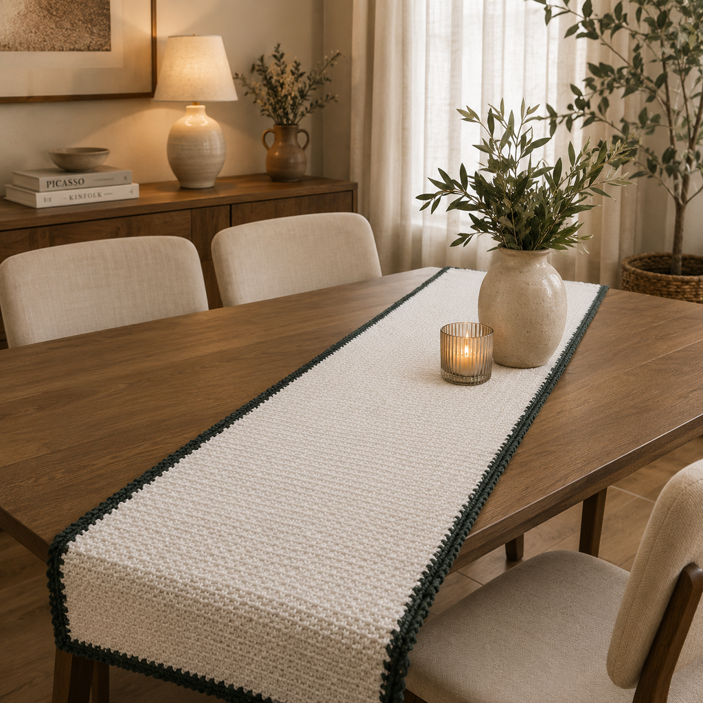 مفرش طاولة "Ovela Cedar" باللون الأبيض بحواف أخضر زيتوني