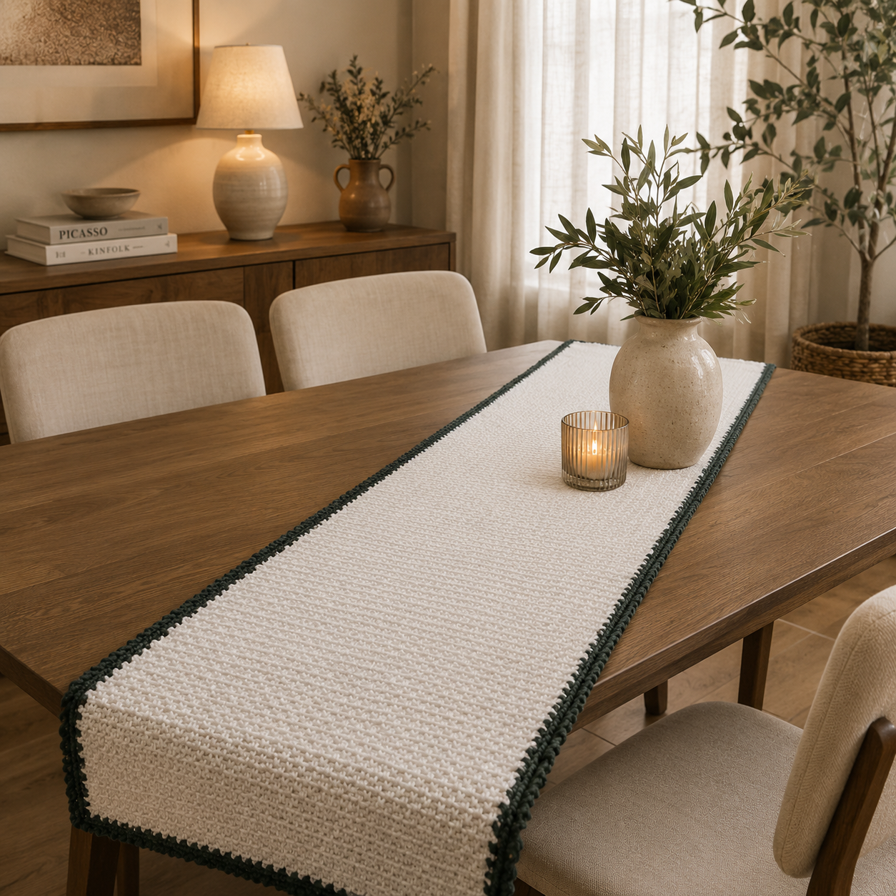 مفرش طاولة "Ovela Cedar" باللون الأبيض بحواف أخضر زيتوني