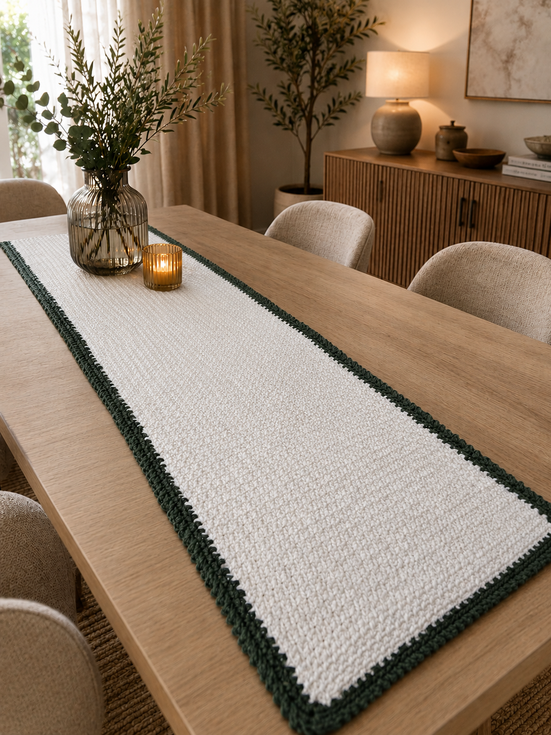 مفرش طاولة "Ovela Cedar" باللون الأبيض بحواف أخضر زيتوني