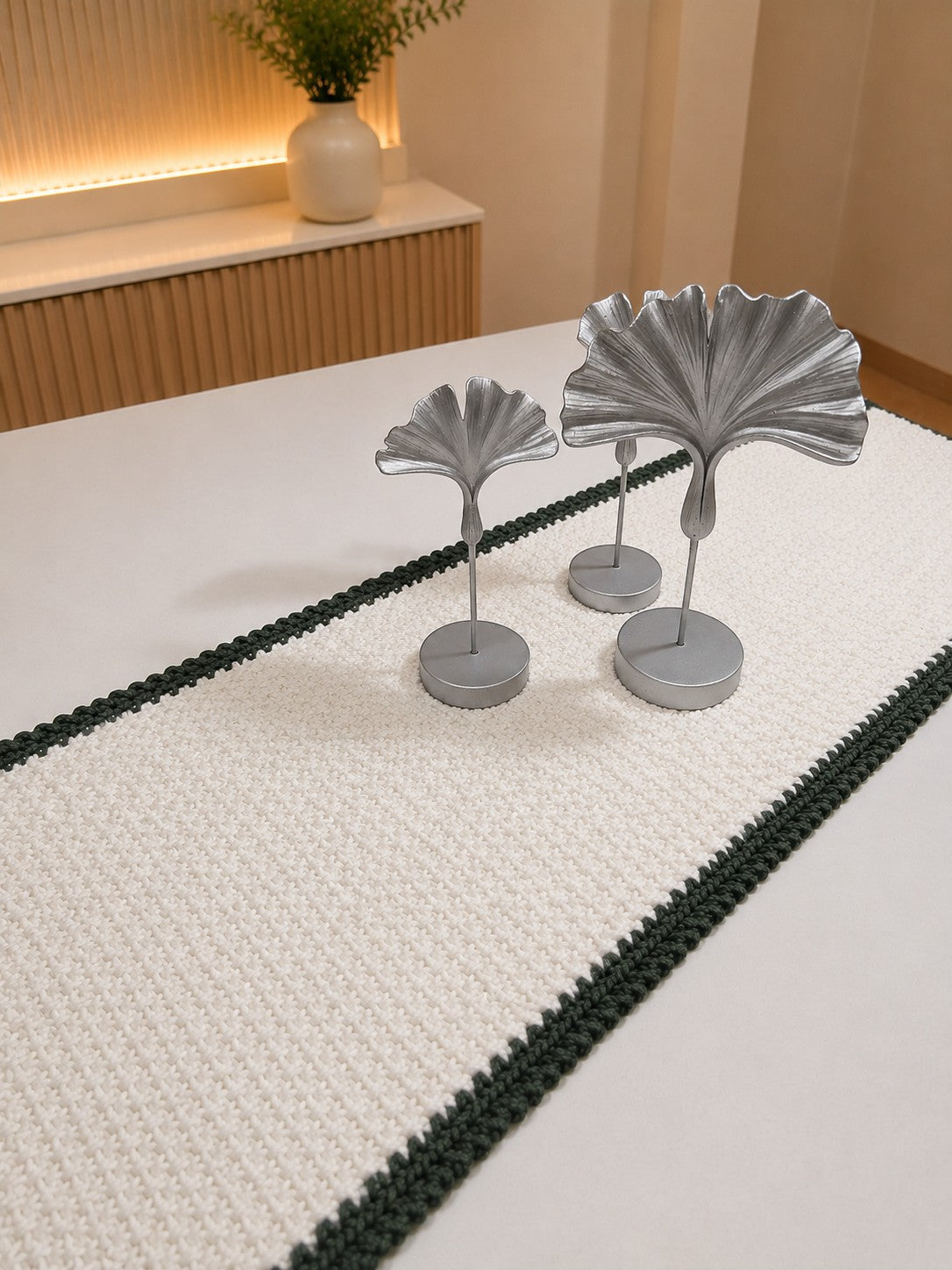 crochet,cotton, table-runner , white with green edge