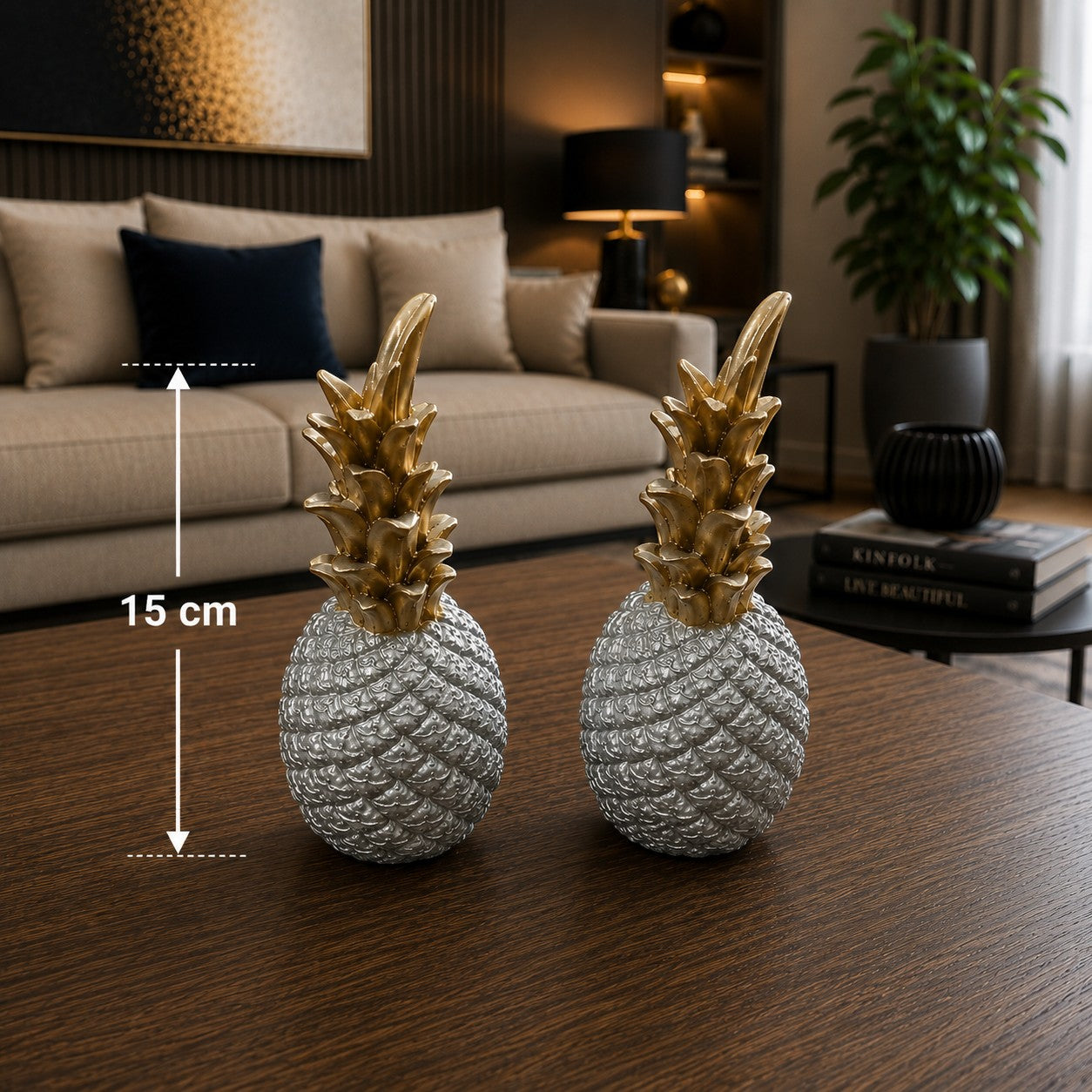 gold and silver decorations, pineapples, artisan decor, modern decor, elegant decor