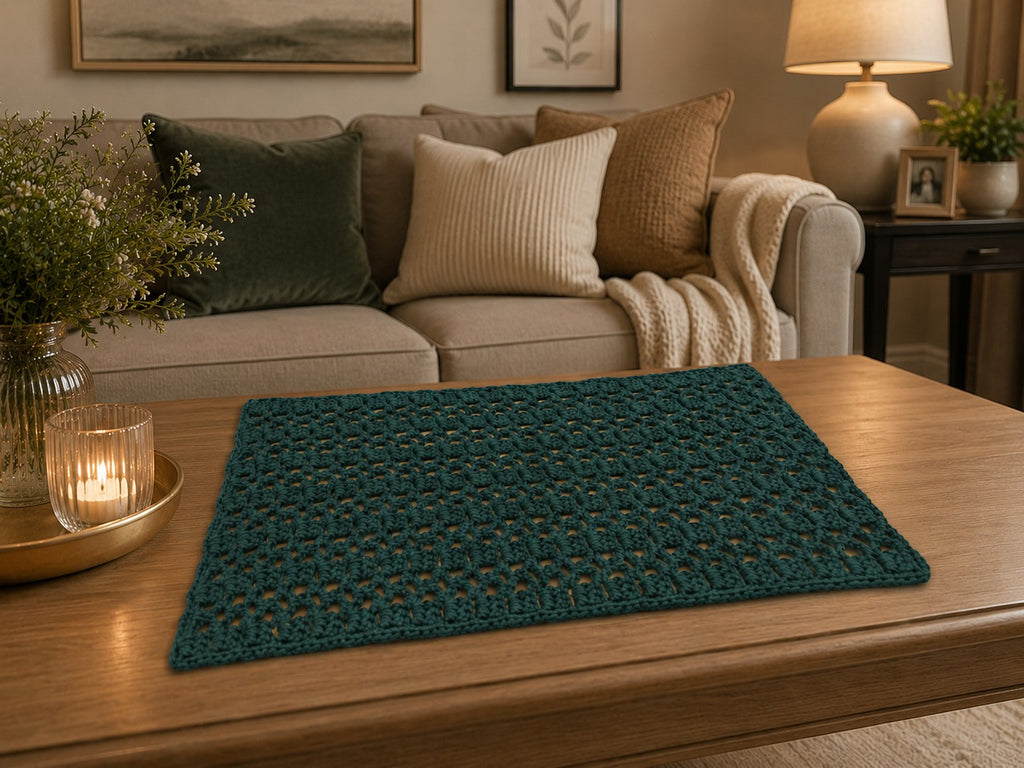 handmade centerpiece, crochet, teal color