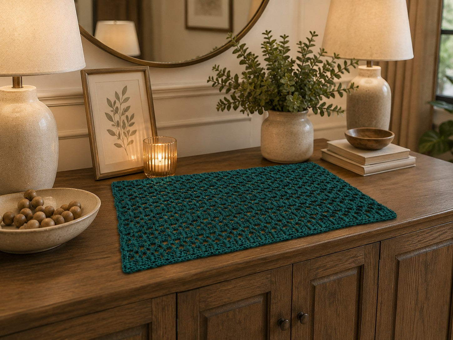 handmade centerpiece, crochet, teal color