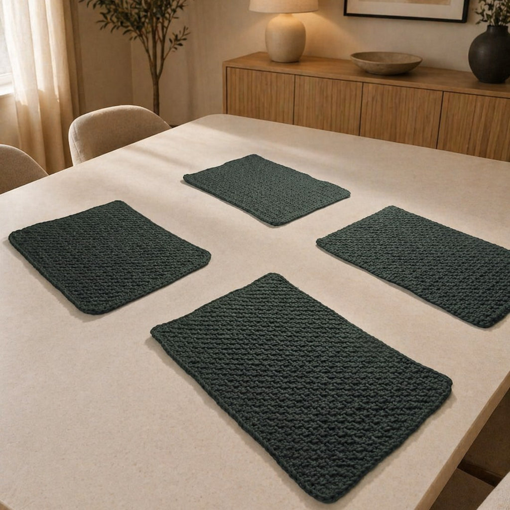handmade, crochet, green, charcoal placemats
elegant , minimalist, boho style