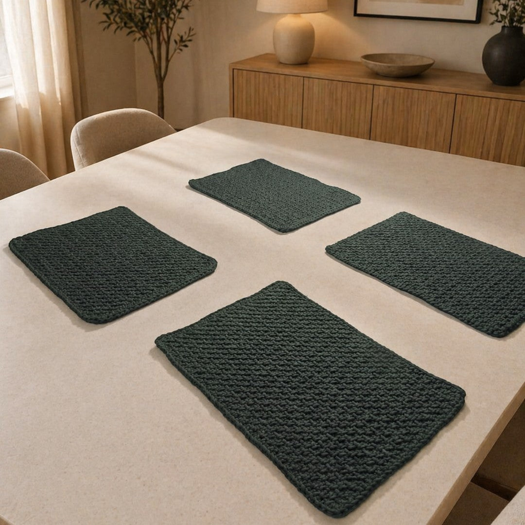 handmade, crochet, green, charcoal placemats
elegant , minimalist, boho style