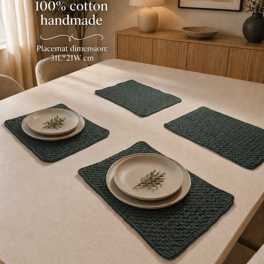 handmade, crochet, green, charcoal placemats
elegant , minimalist, boho style