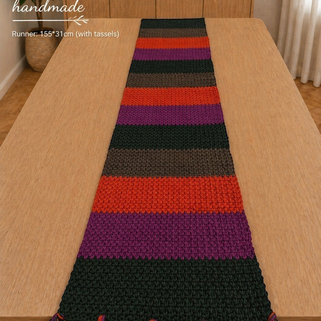 Colorful , boho, modern style handmade table runner,  styled alone and look stunning on woody colored table