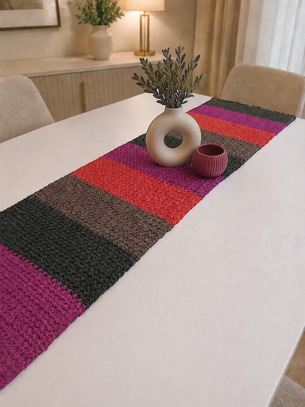 Colorful , boho, modern style handmade table runner, styled with modern vases.
