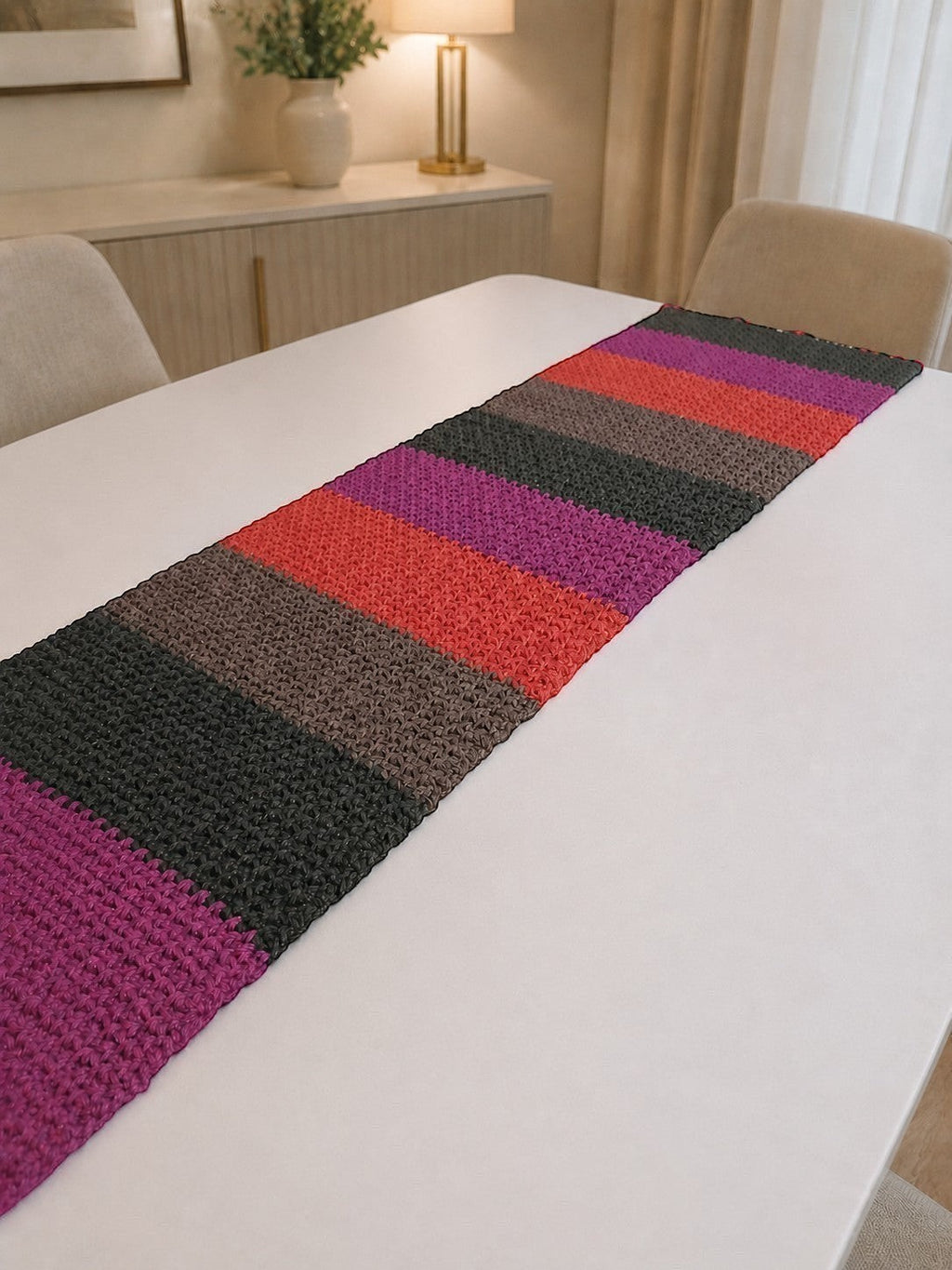 Colorful , boho, modern style handmade table runner,  styled alone and look stunning on a white table