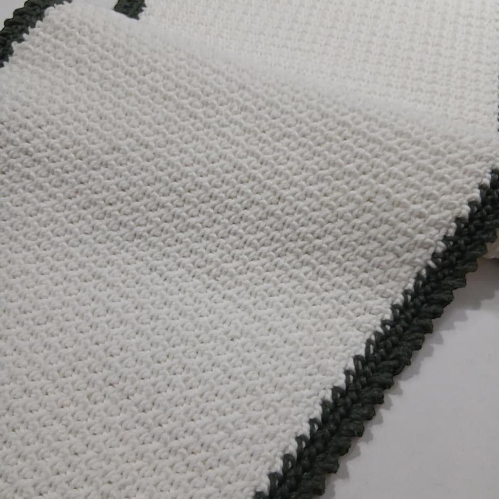 Handmade, elegant table runner, white with charcoal olive green border