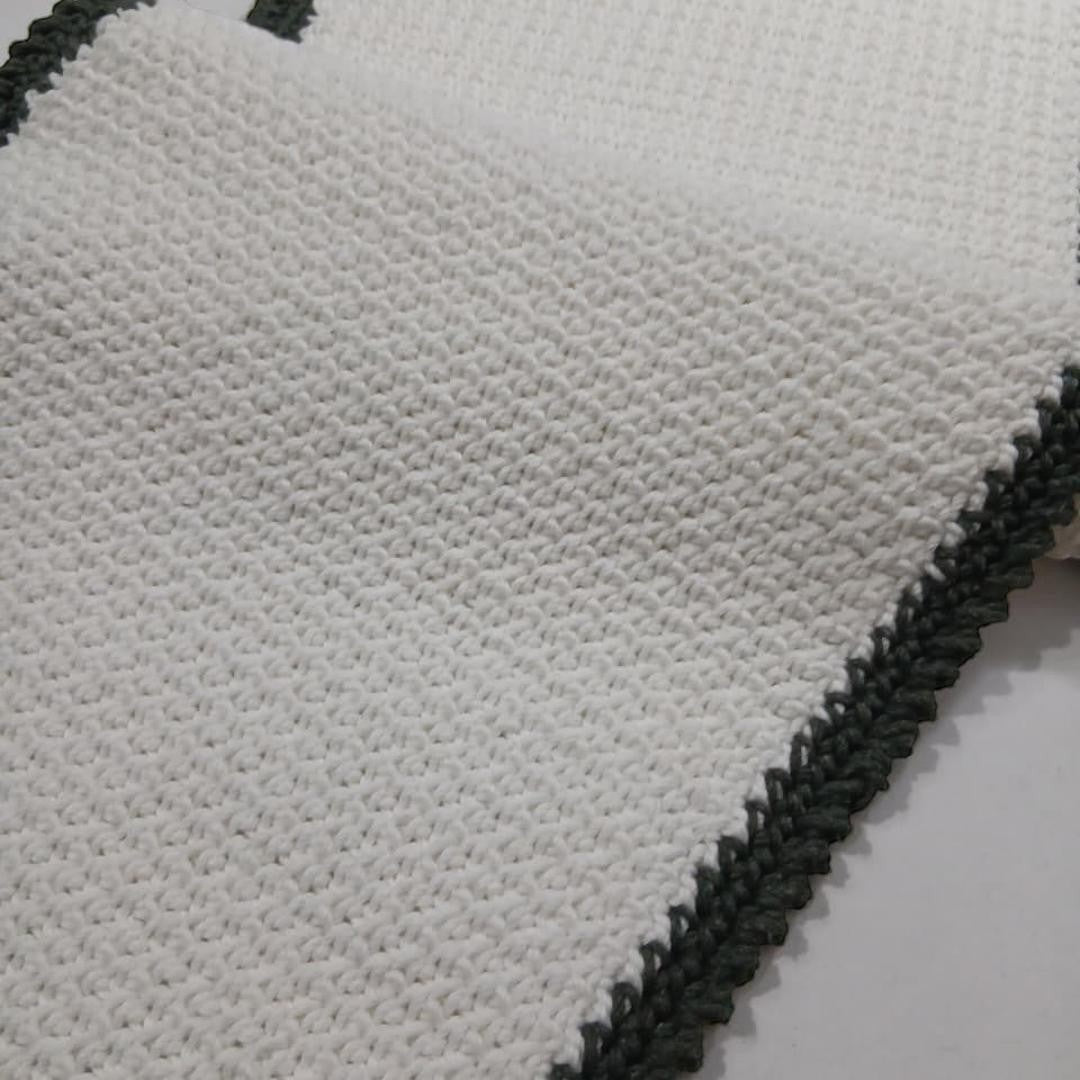 Handmade, elegant table runner, white with charcoal olive green border