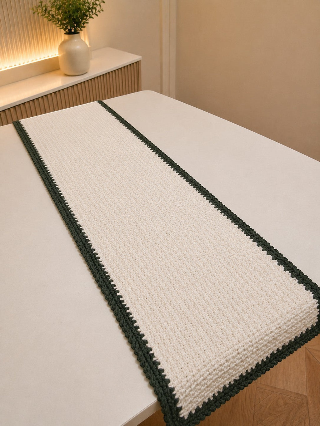 Handmade, elegant table runner, white with charcoal olive green border