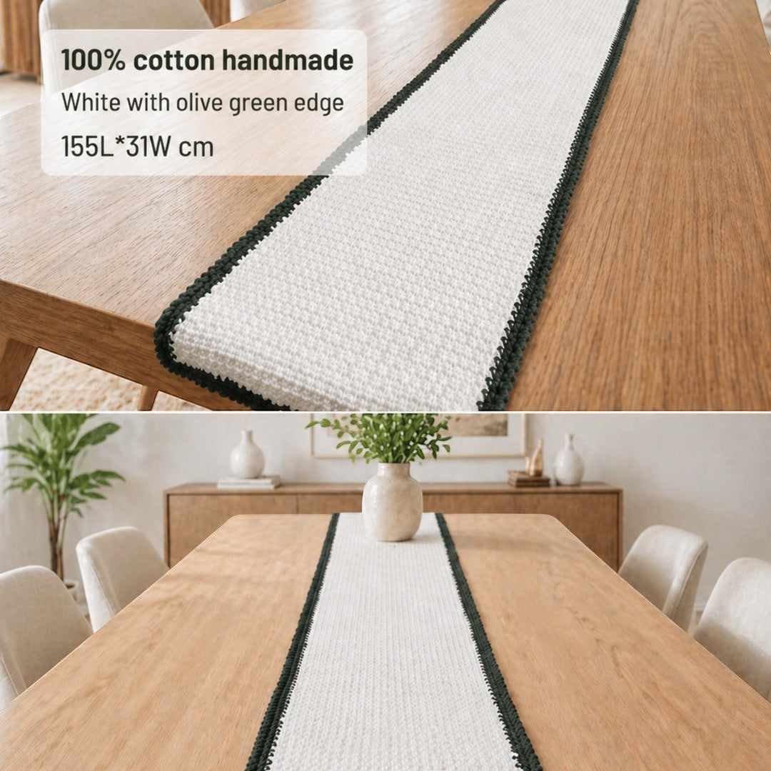 Handmade, elegant table runner, white with charcoal olive green border