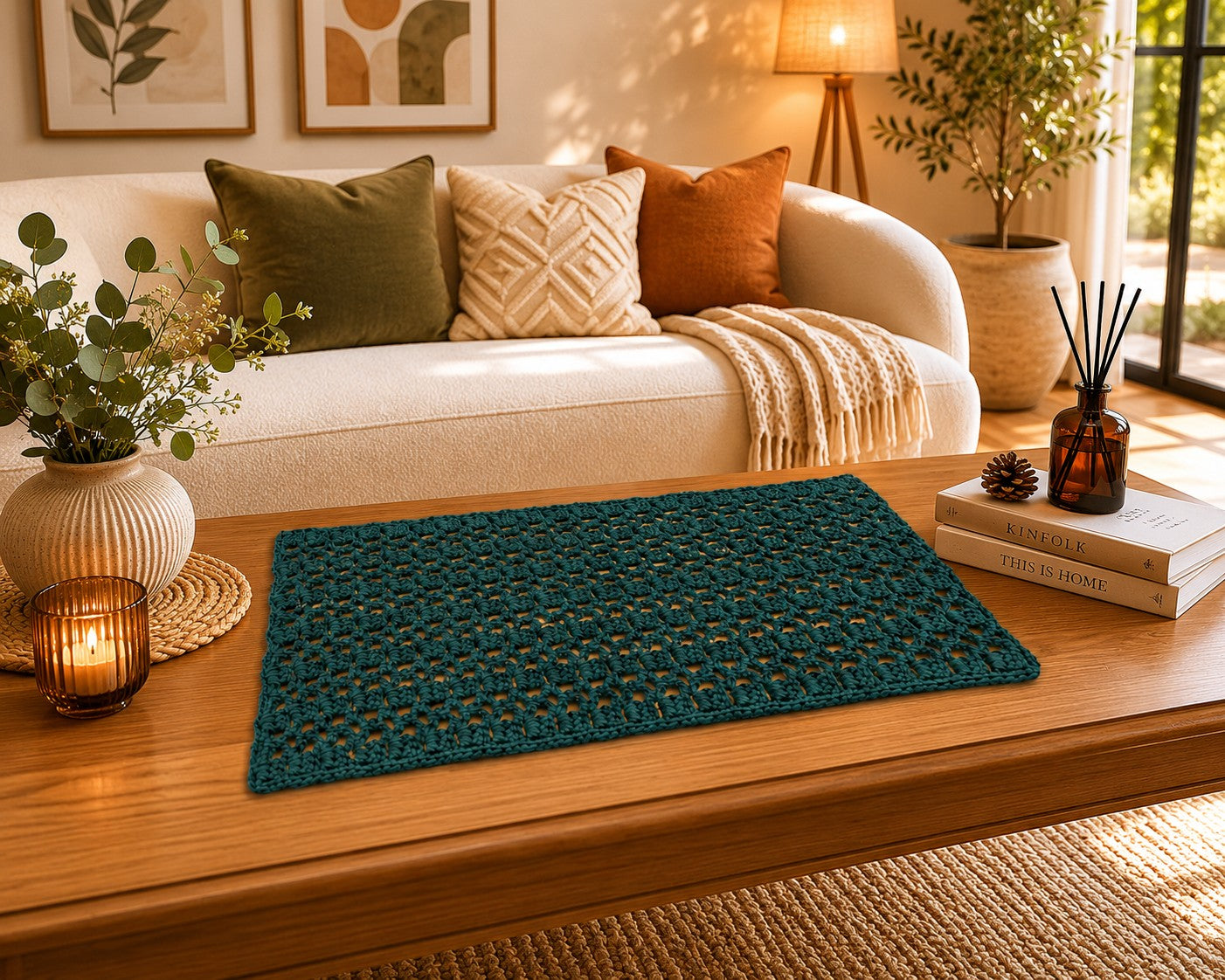 handmade centerpiece, crochet, teal color