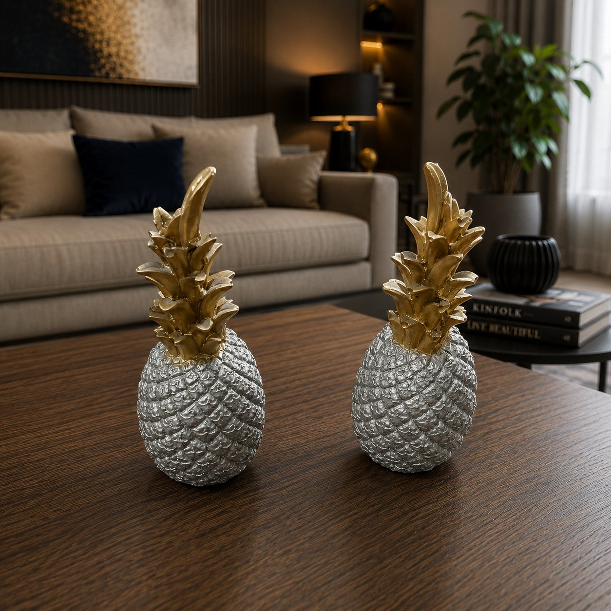 gold and silver decorations, pineapples, artisan decor, modern decor, elegant decor