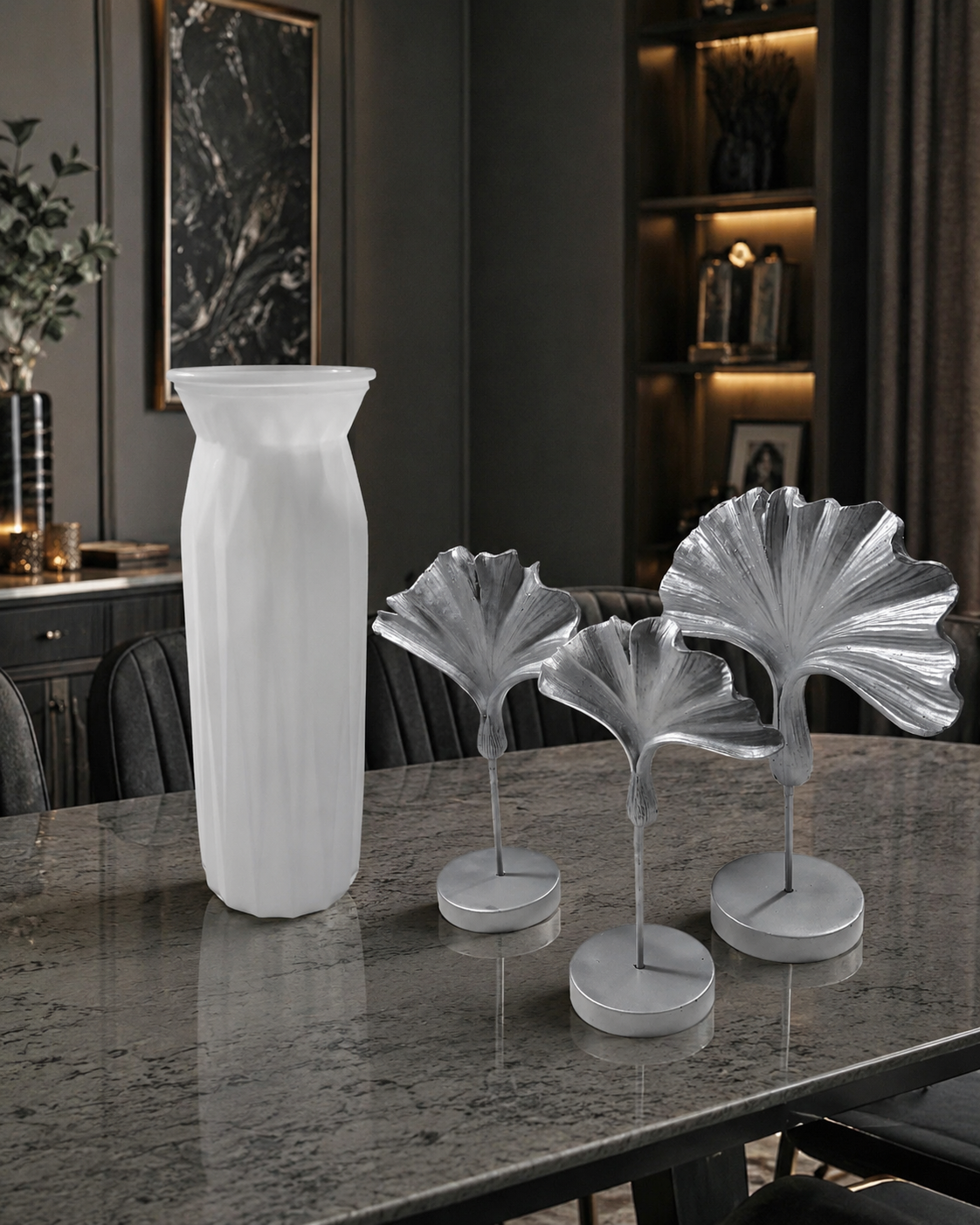 Ginko Silver sculptures with Verve Vase (4 pieces)